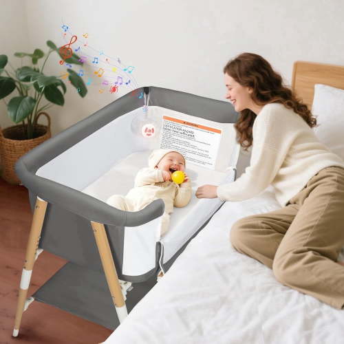 3 in 1 Bassinet Bedside Sleeper for Baby,Infant Bassinet W/ Music Toy,4 Wheels,Adjustable 5 Height,Mattress,Mosquito Net,Basket,Carry Bag,Grey