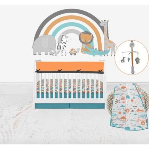 Bacati - Jungle Safari Boys Aqua/Orange Muslin 6 pc Crib Bedding Set with Crib Musical Mobile