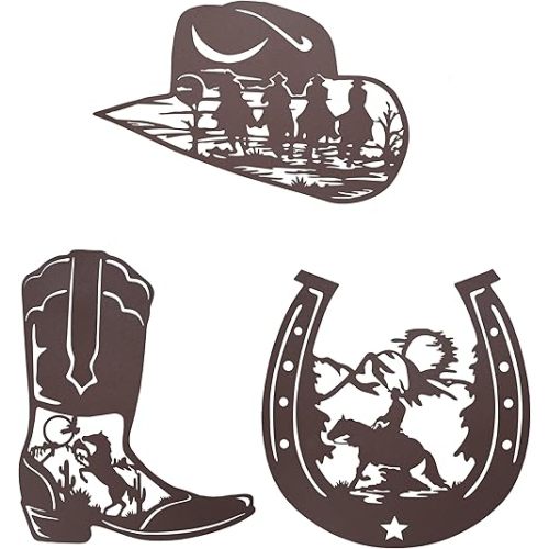 VinSees Metal 9 inch Horseshoe Cowboy Boots Cowboy Hat Wall Art Decor, Rustic Western Wall Decor, Western Decorations Cowboys Riding Horses Decorations for Home Bedroom Bathroom, Set of 3