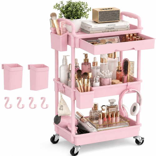Yeabett 3 Tier Rolling Utility Cart Organizer with Removable Drawer, Mobile Storage Carts with 2 Lockable Wheels for Bathroom, Kitchen, Snack, Craft, Makeup, Baby Essentials, Pink
