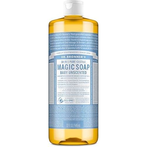 Dr. Bronner's Pure-Castile Magic Liquid Soap - Made with Regenerative Organic Certified Oils - 18-in-1 Uses for Face, Body, Hand Gentle on Baby & Sensitive Skin Body Wash Unscented,32oz