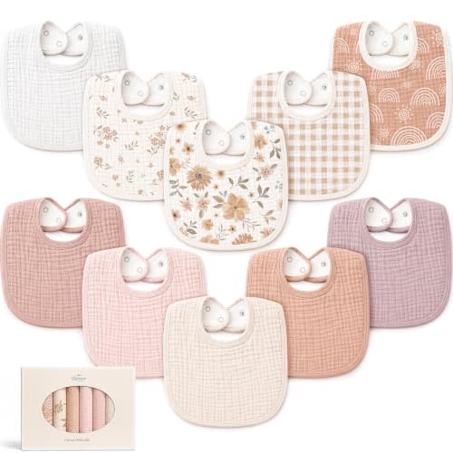 Konssy 10-Pack Muslin Baby Bibs for Drooling and Teething | Soft & Absorbent, Cotton Front with Fleece Backing, Adjustable Fit, Wash Durable, for Boys and Girls Ages 0-36 Months(Floral)