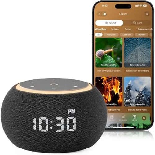 Hotmoon Alarm Clock with Sound Machine for Sleep, Luna Pro Dual-Stage Smart Alarm, 507 Sounds & 10 Healing Frequencies (108-963Hz), Pink Green Brown White Noise for Sleeping Adults Meditation, Plug In