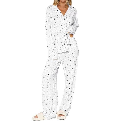 Dressmine Ladies Long Sleeve Cute Pajama Sets 2 Piece Fall Outfits | Fall Winter Casual Long Sleeve Pajamas Sets for Women Print Matching Trendy 2026 Pjs Button Up Pjs Set Loungewear