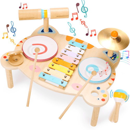 OATHX Kids Drum Set, Musical Instruments for Toddlers Learn Toys, Tiger Xylophone Wooden Music Toy