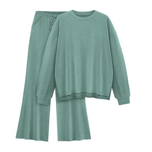 Womens Lounge Set 2026 Fall 2 Piece Outfits Long Sleeve Tops Wide Leg Long Pants Cozy Matching Sets Clothing