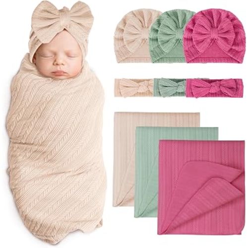 AQOKKA Baby Swaddle Blankets Wheat Ear Bow Hats Hairband Set