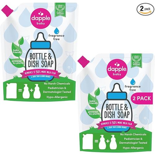 Dapple Baby Bottle Soap, Hypoallergenic Dish Soap for Baby Bottles, Powered by Plants, Fragrance Free, 34 Fl Oz (Pack of 2)