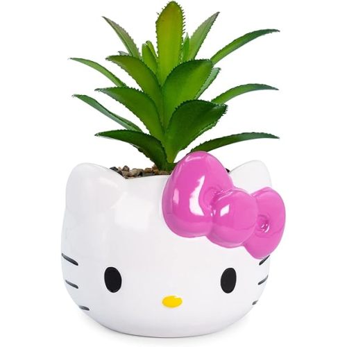 Silver Buffalo Sanrio Hello Kitty Face 3-Inch Ceramic Mini Planter with Artificial Succulent