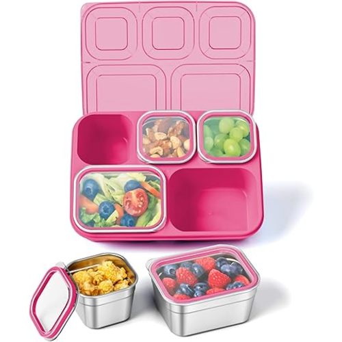 Freshmage Stainless Steel Snackle Box Container, 5 Compartment Lunch Bento Box, Reusable Food Storage Snack Box for School, Work, and Travel, BPA Free and Dishwasher Safe, Pink (1 Pack)