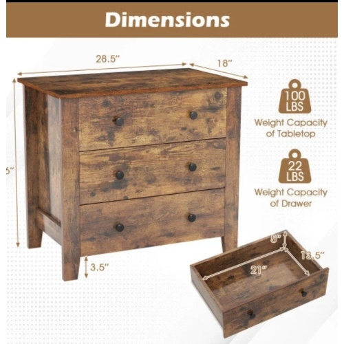 COSTWAY 3 Drawer Dresser Chest of Drawers Bedside Table-Rustic Brown