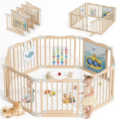 Foldable Wooden Playpen - Adjustable Wood Baby Play Yard with Child-Proof Lock, Indoor Large Safety Fence for Babies and Toddlers - Easy Assembly, 8 Panels, Natural Ocean Adventure