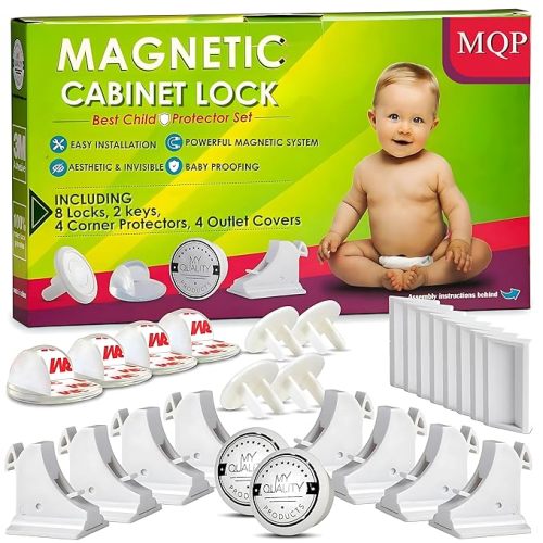 8 Pack Magnetic Cabinet Locks Baby Proofing Kit - MQP Child Proof Cabinet Locks, Baby Proof Drawer Locks, Child Locks for Cabinets and Drawers, Corners Protectors, Outlet Covers, Easy to Install.