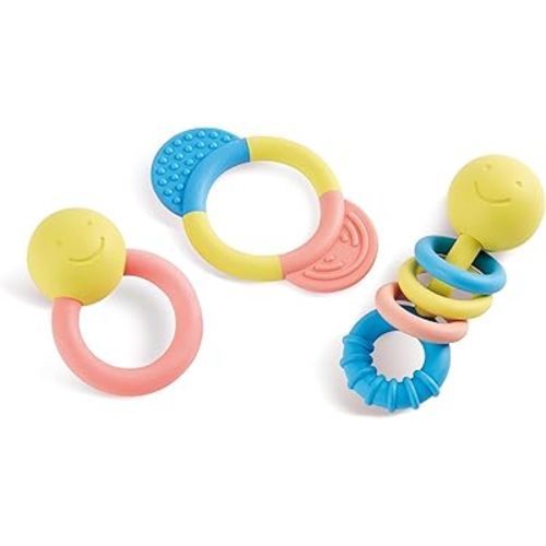 Hape Rattle & Teether Collection | 3-Piece Rattle & Teething Set for Babies, Soft Colors