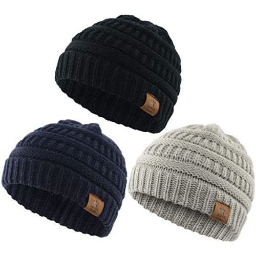 Durio Soft Warm Knitted Baby Hats Caps Cute Cozy Chunky Winter Infant Toddler Baby Beanies for Boys Girls - One Size - A Black & Light Grey & Navy