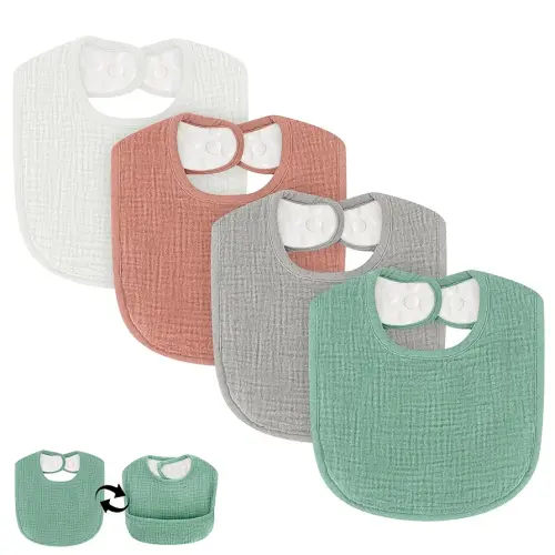Dual Usage Baby Bibs for Drooling and Teething, 4 Pack Muslin Baby Drool Bibs for Boys & Girls with Hidden Pocket, Soft Cotton, Extra Absorbent, Mess-proof, for Toddler, Newborn, Infant
