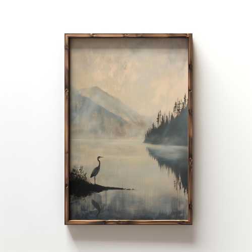 Great Blue Heron Art Print, Dark Vintage Art Print, Rustic Cabin Decor, Muted Lake Painting, Rustic Mountain Wall Art, Heron Bird Painting