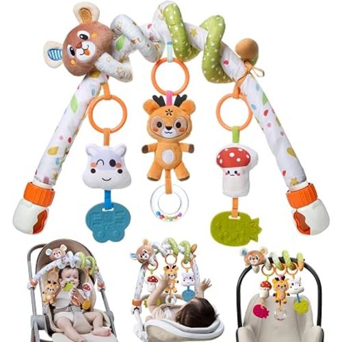 TUMAMA Baby Activity Arch with Bear Spiral Toy, Clips Adjustable and Detachable Sensory Stimulating Hanging Toys Baby Toys 0-3 3-6 Months, Newborn Strollers Bassinets Crib Carseat Toy