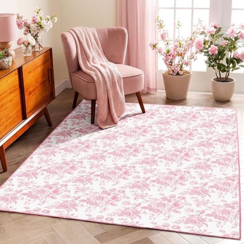 Pink Floral Area Rug for Living Room 5x7 ft, Machine Washable Non Slip Doormat, Boho Farmhouse Floral Carpet for Dining Room Playroom Office, Soft Low Pile Floor Mat with Non Skid Backing