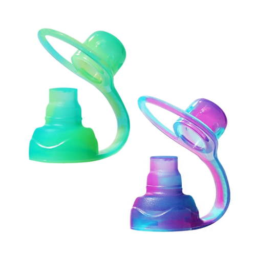 ChooMee SoftSip Food Pouch Top | Baby Led Weaning | No Spill Flow Control Valve, Protects Childs Mouth, 100% Silicone, BPA Free | Green Purple Swirl, 2 CT