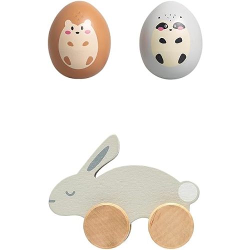 Bundle of Pearhead Wooden Wobble Toy Set + Pearhead Wooden Bunny Push and Pull Montessori Baby and Toddler Toy