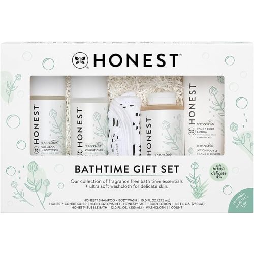 The Honest Company Fragrance-Free Bathtime Gift Set, Hypoallergenic, Bath Essentials for Sensitive Skin, Shampoo and Body Wash, Face Lotion, Bubble Bath, Conditioner, Wash Cloth