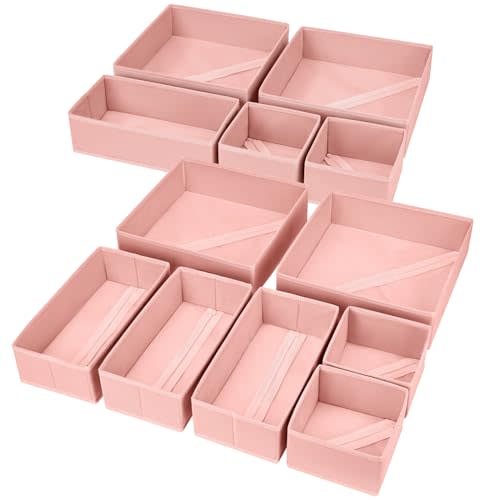 DIMJ Fabric Drawer Organizer Bins - 12 Pack Foldable Sock & Clothes Organizer - Pink