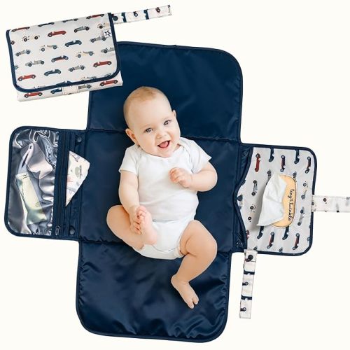 Tiny Twinkle Portable Diaper Changing Pad | Waterproof, Wipeable & Compact Baby Changing Pad for Travel | Smart Wipes Pocket & Organized Storage| Newborn Shower Gift (Vintage Cars)