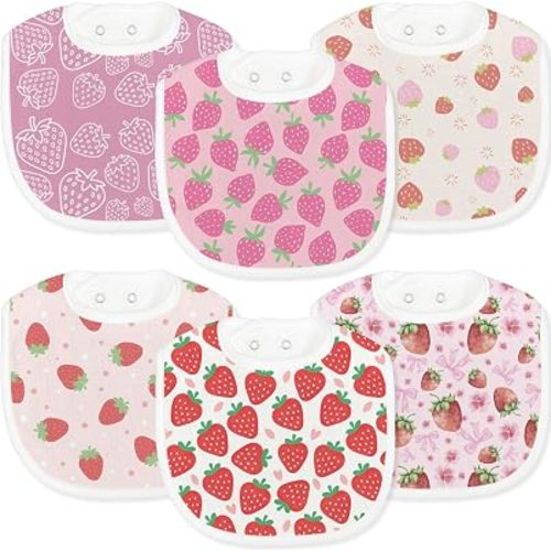 6-Pack Baby Muslin Drool Bibs for Girls, Soft Cotton Strawberry Theme Infants Teething Bibs Extra Absorbent Adjustable Snap Drooling Feeding Bib for Newborns Infant Toddlers Fruit Print Shower Gift