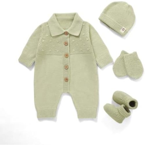 Cotton Baby Sweater Knit Romper Newborn Infant Outfit Hat Mittens Booties