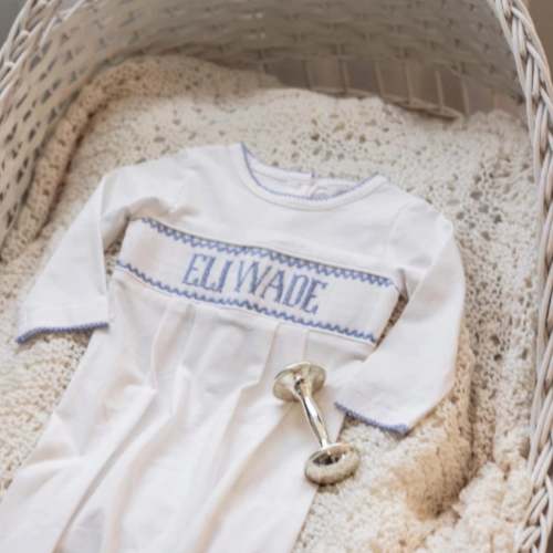Boys Blue & White Name Smocked Infant Knit Gown – Little Bear Smocks