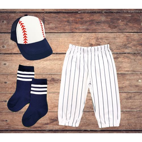 Baby Baseball Outfit: Pinstripe Pants, Navy Socks & Hat