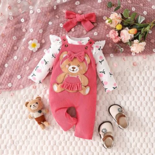 Baby Girl Flower Flying sleeves Bodysuit & Bear Bow Cord Overalls
