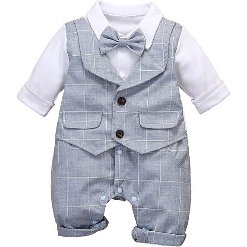 HMD Baby Boy Long Sleeve Gentleman White Shirt Waistcoat Bowtie Tuxedo Onesie Jumpsuit Overall Romper