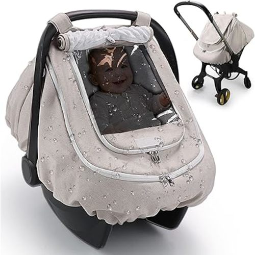 Waterproof Car Seat Cover for Baby, 2-Layer Car Seat Rain Cover with Clear Window & Sunshade & Mesh Cover, Universal Infant Carseat Canopy for Stroller, Protect from Rain and Snow - Beige