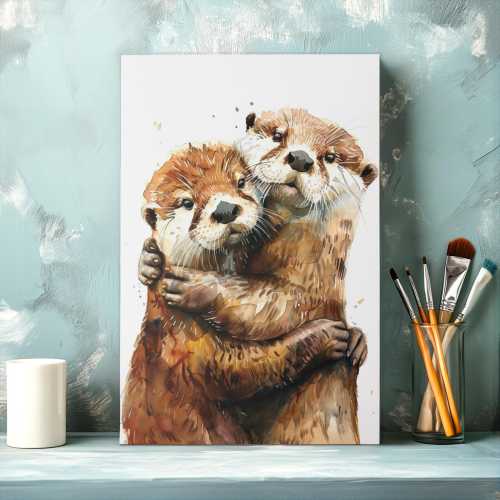 Lovely Otter Cuddling Portrait Canvas Wall Art, Matte Stretched 0.75", Sea Otter Hugging Print, River Otter Lover, Couple Hug Decor Painting