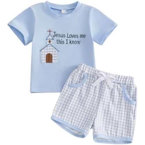 KMBANGI Toddler Baby Boy Christian Outfits Jesus Loves Me Short Sleeve T-Shirt Plaid Shorts 2Pcs Easter Clothes Baptism Set