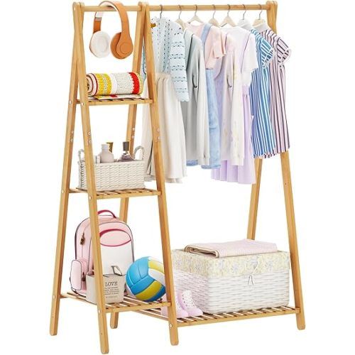 Small Clothes Racks,Kids Clothes Hanging Rack, Bamboo Wood Clothing Garment Rack with Shelves, Free Standing Corner Dress Costume Rack for Small Place,Bedroom,Bathroom, Portable