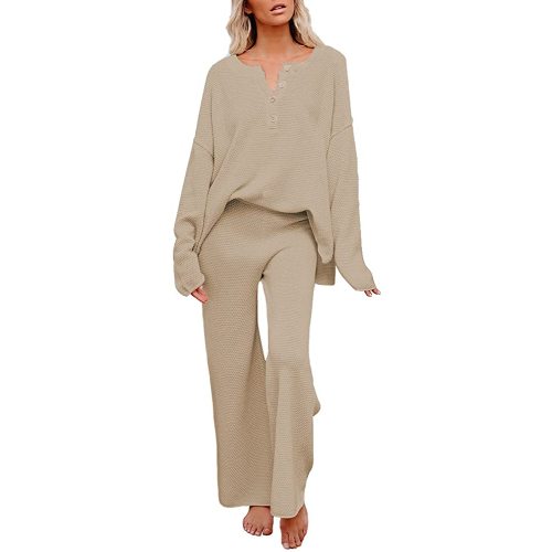 Pink Queen Women's 2 Piece Outfit Set Long Sleeve Button Knit Pullover Sweater Top and Wide Leg Pants Sweatsuit Khaki L