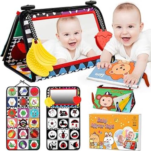 Oukzon Tummy Time Toys, Baby Toys 0-6 Months with Crinkle Book and Teethers, 6-12 Months Infant Mirror Toys High Contrast Baby Gift Toys for Newborn Brain Development, Montessori Sensory Toy