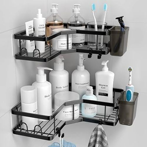Corner Shower Caddy, 2 Pack Adhesive Shower Corner Organizer Shelves, No Drilling Stainless Steel Shower Storage Rack with Hooks&Toothpaste Holder for Bathroom Kitchen (for 90° Corners Only)
