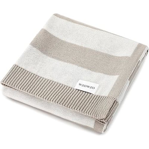 Knit Baby Blanket 40x30 Inches Striped, Soft Cotton Blend Swaddling Receiving Blanket for Newborn Infant, Gender Neutral Nursery Crib Stroller Blanket, (Beige & White)