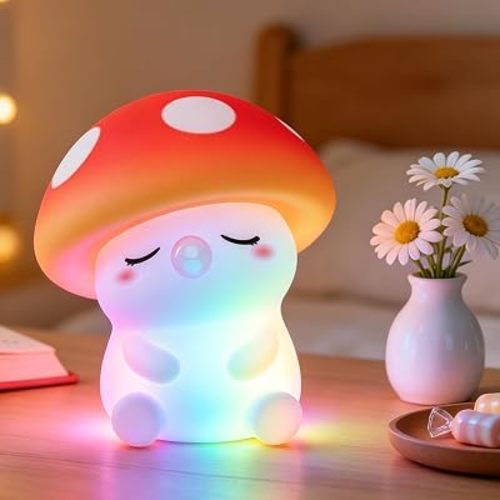 FAMIDUO Mushroom Night Light for Kids, Silicone Squishy RGB Nursery Lamp