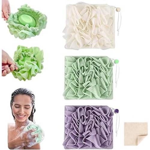 Washcloth Loofah Combo 2-in-1 Loufee Wash Cloth That Holds Bar Soap-Exfoliation Mesh Shower Ball for Body Wash&Smooth Skin+Free Loofah Dish Towel