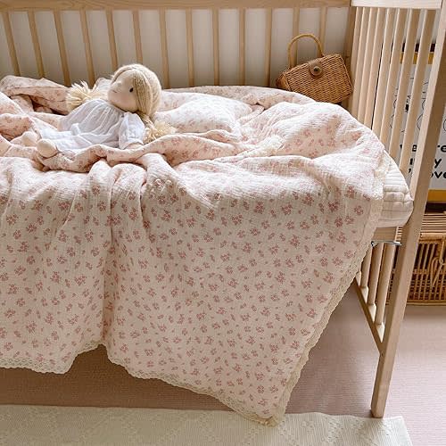 BuLuTu Toddler Quilted Blankets Muslin Cotton Kids Blanket Reversible Pink Floral Toddler Blanket for Stroller Travel Soft Lightweight Baby Quilt, Galsang Pattern, 60"x78"