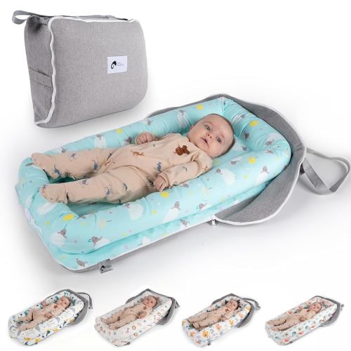 Joyful Journeys Baby Lounger Diaper Bag - Portable Baby Lounger Nest | Versatile Infant Lounger Bag & Diaper Organizer | Cozy Baby Lounger Nest for Convenience (Blue Lambs)