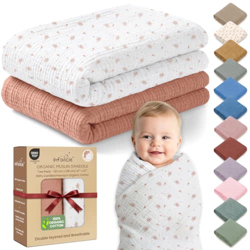 100% Organic Cotton 2 PK Muslin Swaddle Blanket Boy Gift 47x47 in | Oeko-TEX Certified, Swaddling Blanket, Cotton Swaddle Blankets, Muslim Blanket Baby, Cinnamon & Wildflower, For Baby Boys