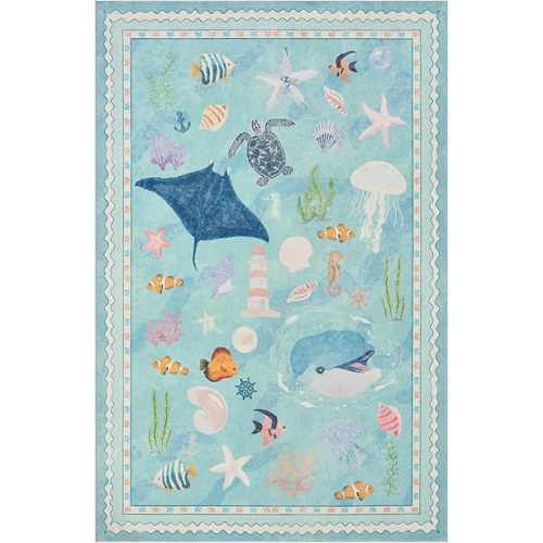 Tropical Ocean Soft Washable Faux Wool Stain Resistant Runner Rubber Non-Slip Backing for Playroom Bathroom Living Room Bedroom Bedside Beachy Cute Coastal Nautical Nursery Rug (Sky Blue, 6' x 9')