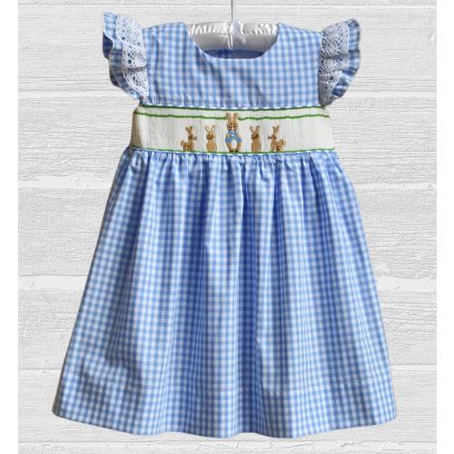 Smocked Easter Peter Rabbit Dress for girls- blue white gingham check. Classic design.  by Smocked A Lot bunny