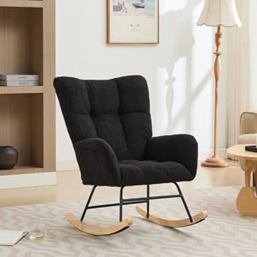 Modern Nursery Rocking Chair Upholstered Glider Chair with High Backrest Rocker Accent Armchair with Solid Wood Legs for Nursery Bedroom Living Room Teddy (Black)